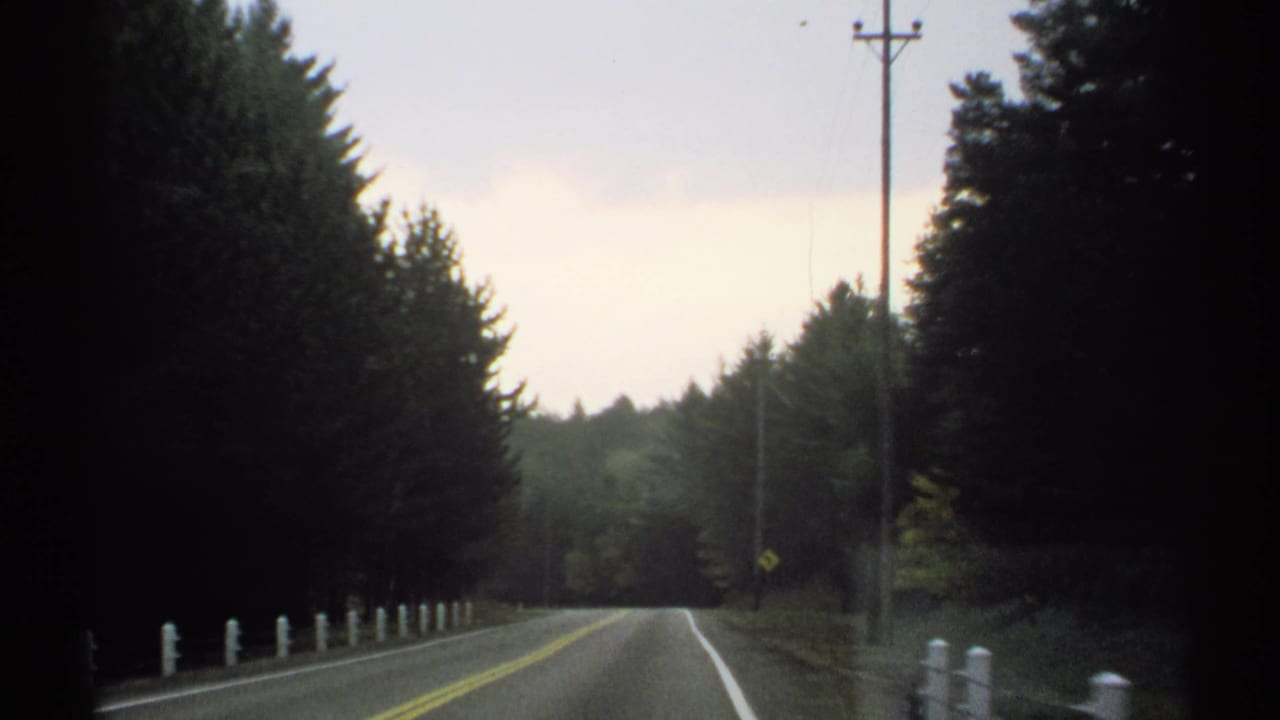 A driver's-eye 8mm view of a New York forest road, with utility poles and white posts lining the roadside.