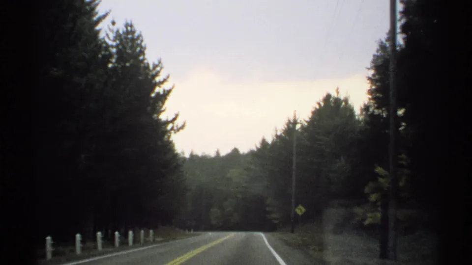1971 home-movie frame from a moving car on a wooded New York road with white posts and a roadside utility pole.