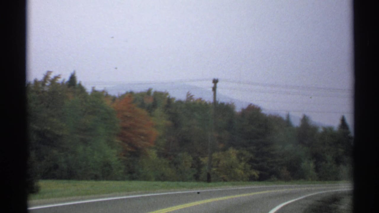 Winding two-lane road bordered by trees, utility poles, and hazy hills.