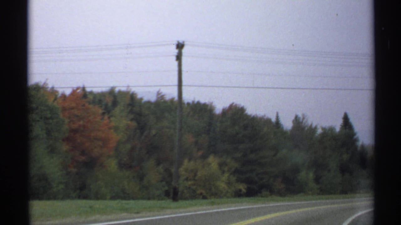 Rural New York road scene from 1971 with a curve, wooded roadside, orange-green foliage, utility pole, and power lines.