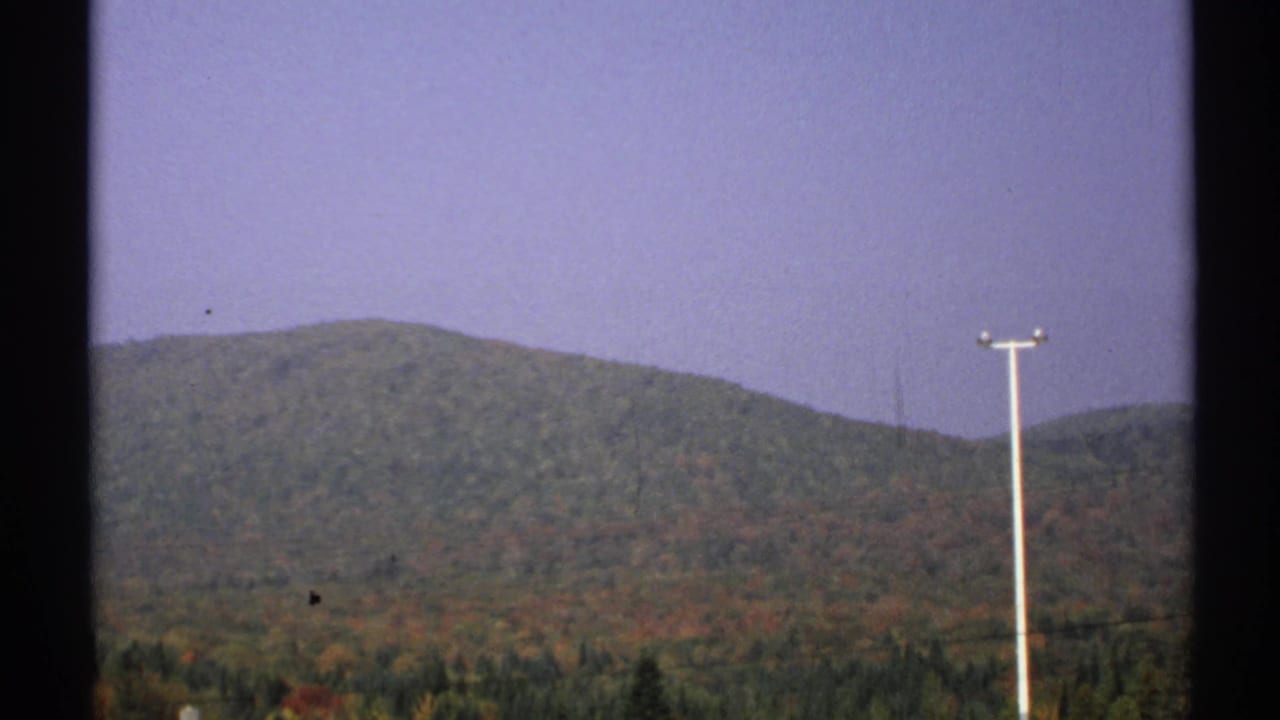 Wooded hills under a clear sky with a utility pole and dark frame edges.