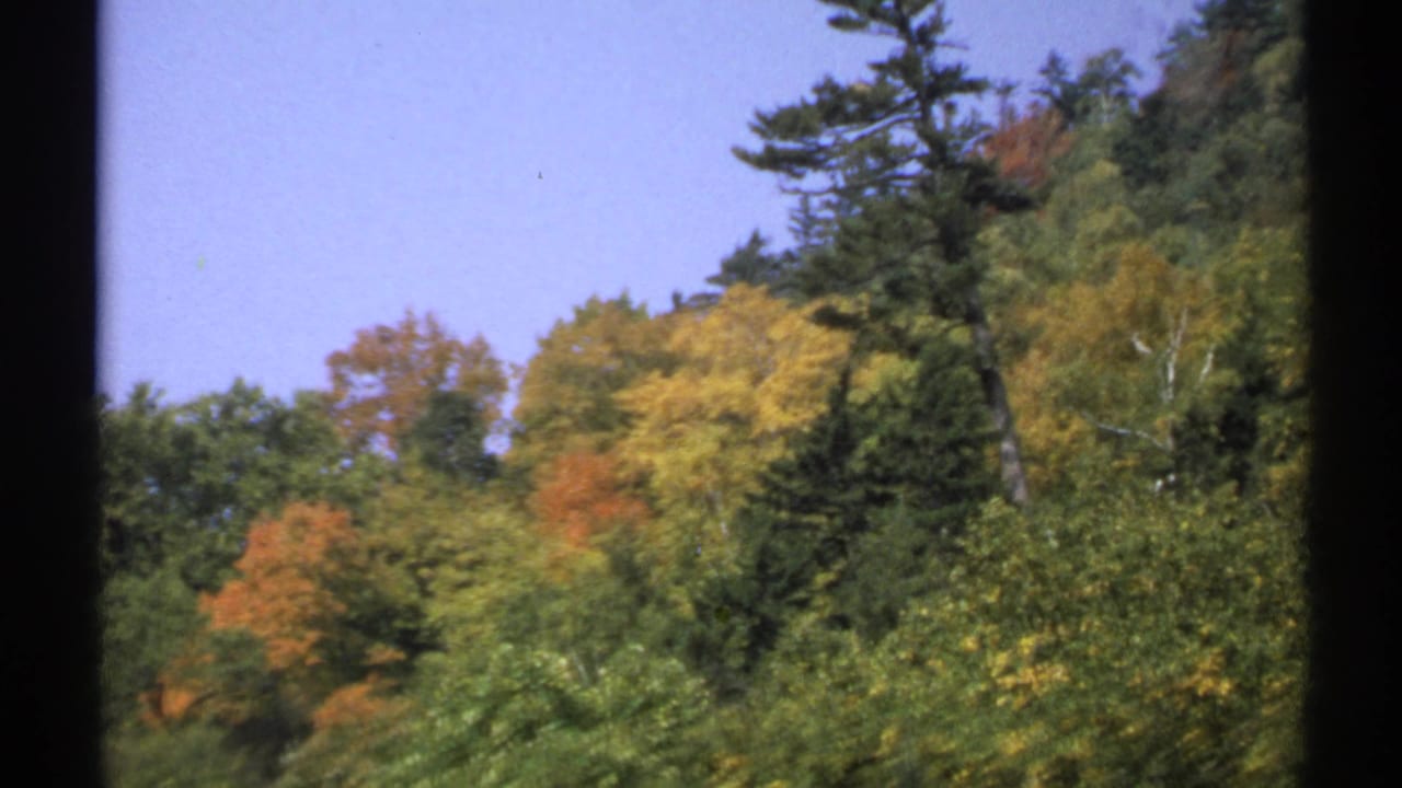1971 New York 8mm frame showing a closer wooded slope with orange and yellow deciduous trees and darker evergreens against blue sky.