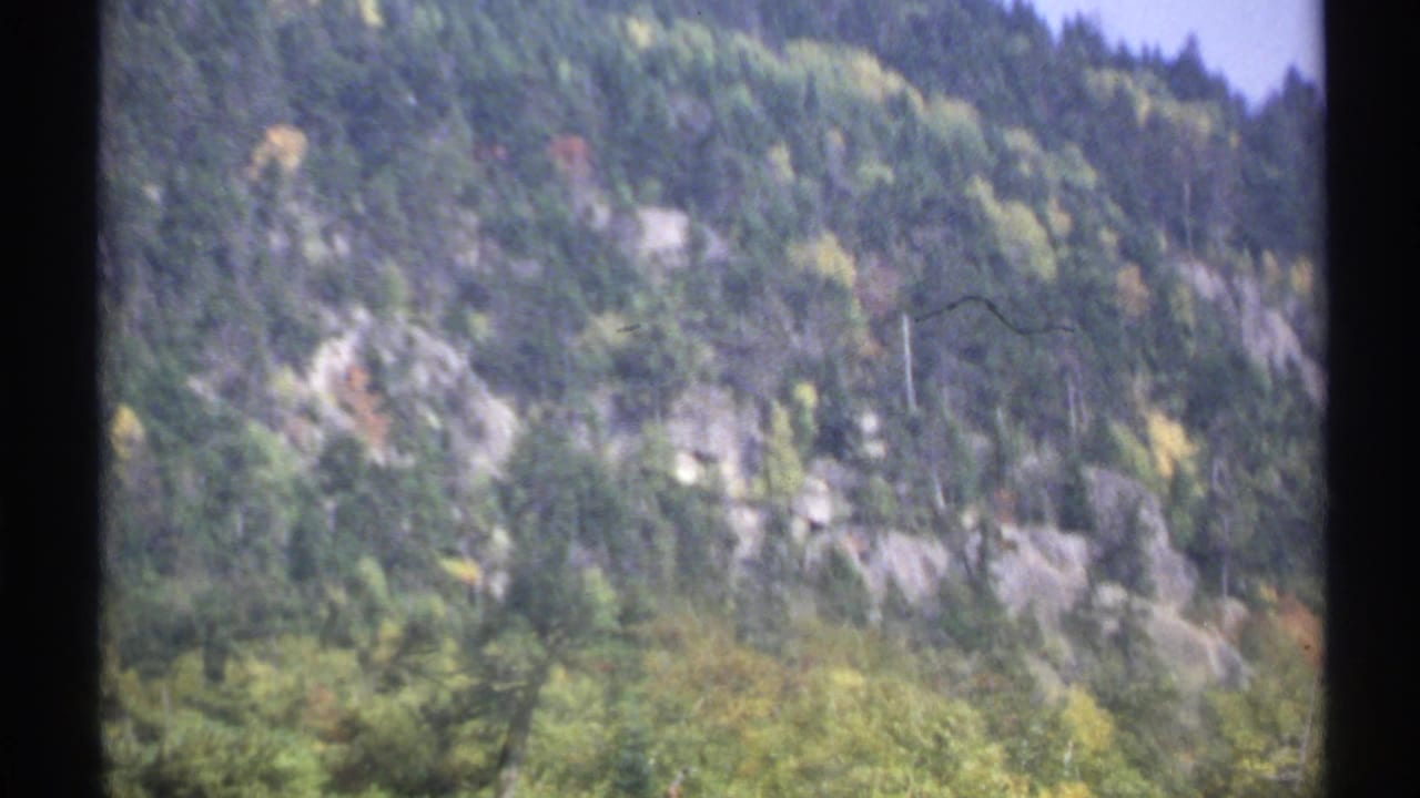 1971 New York home-movie frame with slight motion blur across a rocky, tree-covered mountainside.