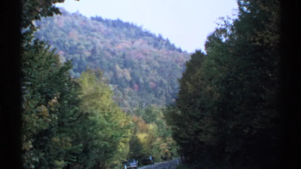 1971 8mm view of a New York forest road approaching a mountain slope, with autumn-tinted trees and small cars in the distance.