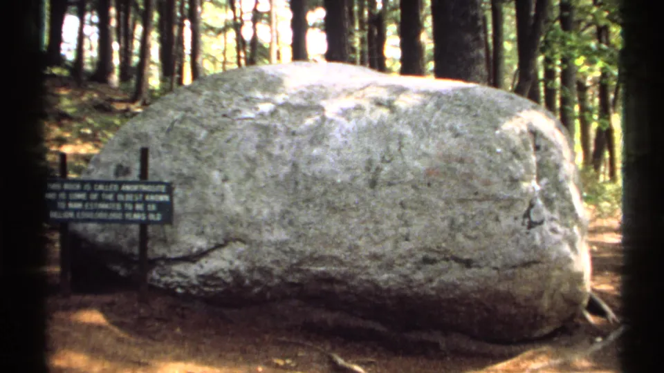 Closer 8mm view of the marked grey boulder, with the sign partly readable and trees behind it.