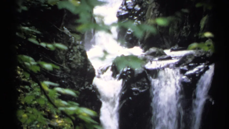 1971 New York 8mm frame with a small forest waterfall flowing over dark stone ledges.
