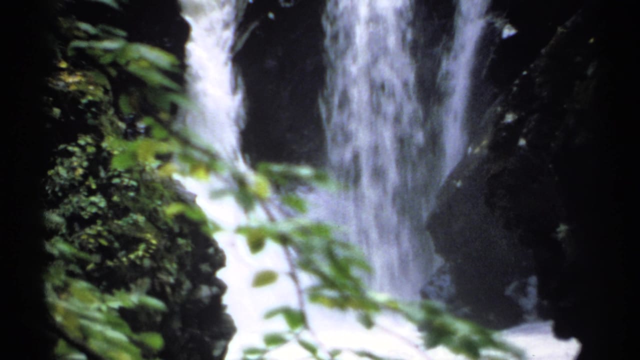 Tall white waterfall pours beside dark rocks with blurred leaves in front.