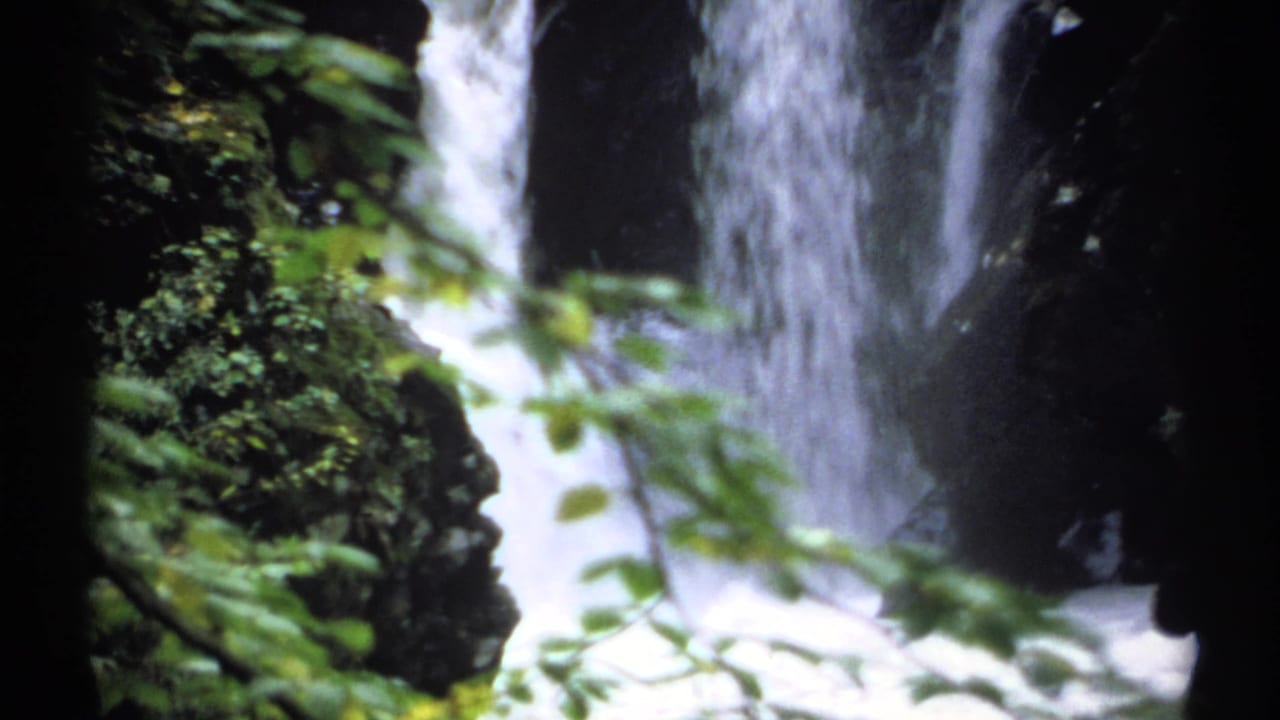 1971 New York 8mm frame showing white water falling through a rocky forest gorge with soft green leaves crossing the view.