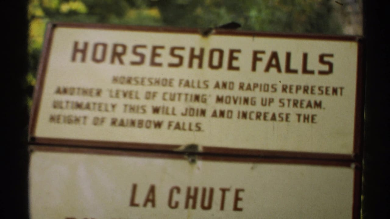 Horseshoe Falls interpretive sign with bilingual lower panel and trees behind it.