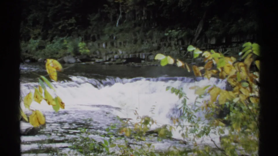 1971 New York 8mm frame of a forest waterfall, with yellowing leaves in front and a dark wooded bank beyond the water.