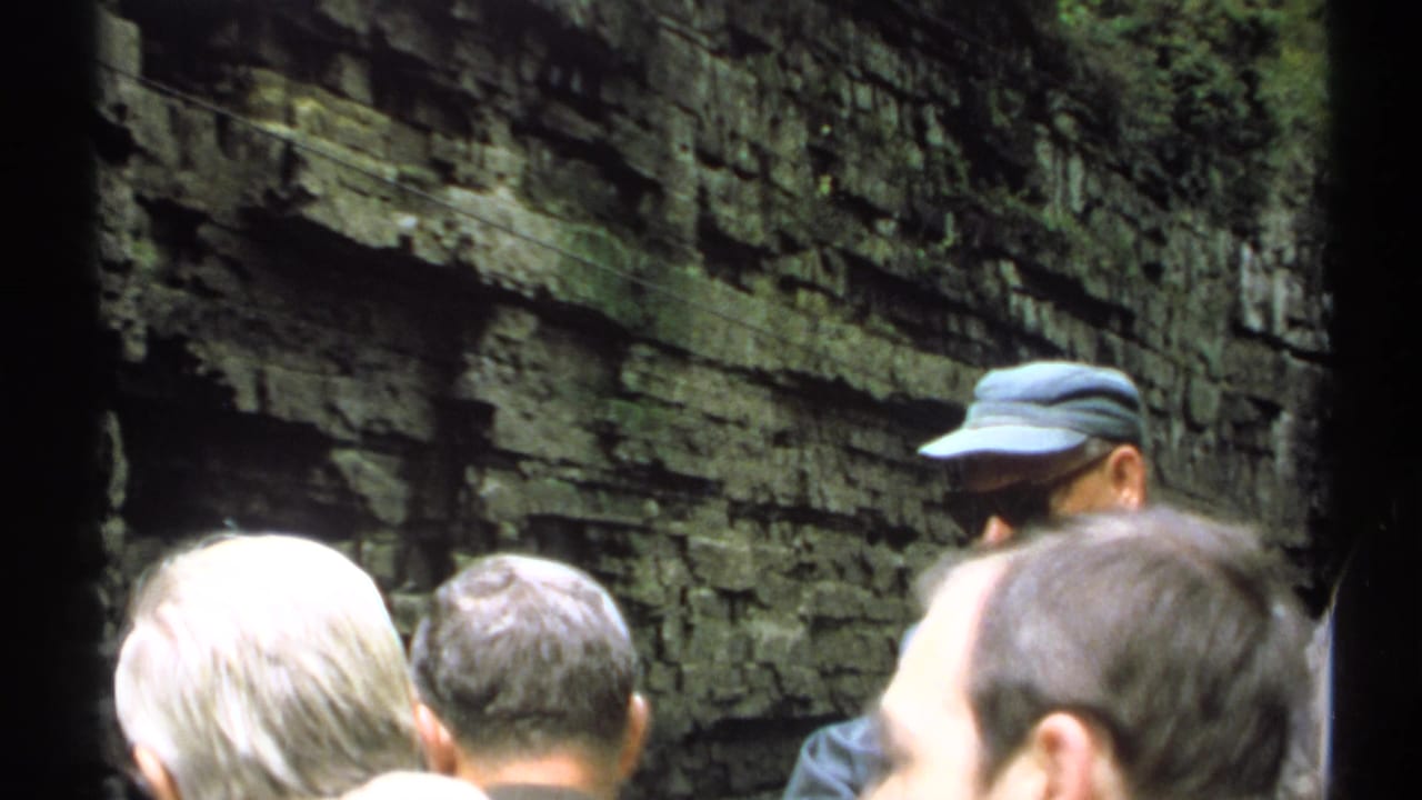 Tourists are seen from behind near layered canyon walls, with a man in a blue cap at right.