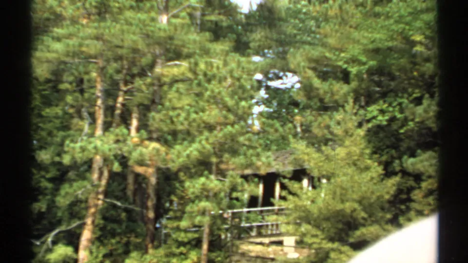 1971 New York home-movie frame showing a wooded shoreline, rustic structure, railing, and a foreground passenger at the right edge.