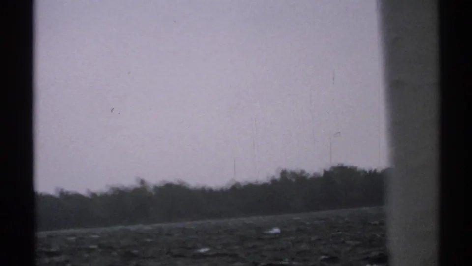 1971 New York 8mm frame showing choppy water and a dark tree line under grey sky from behind a window.
