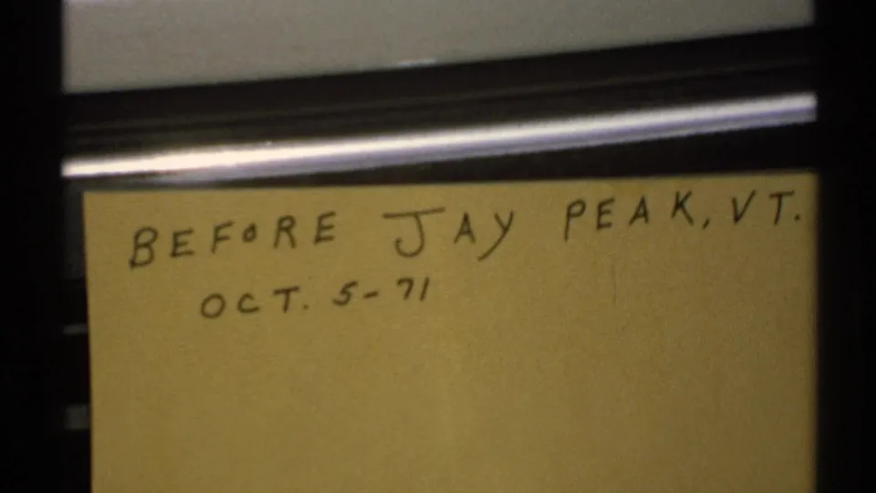 Yellow handwritten note card in the 1971 reel reads Before Jay Peak, VT. Oct. 5-71, confirming reel context and date.
