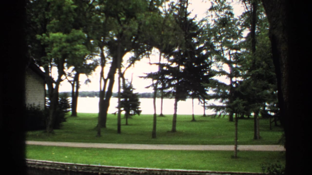Green lakeside lawn with trees, a paved path, and water visible beyond.