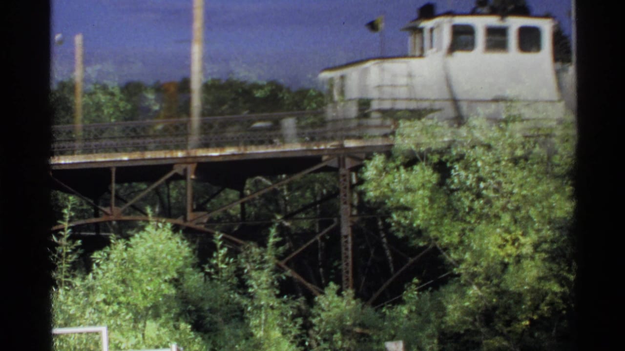 White vessel passing or sitting beyond a metal bridge with trees below.