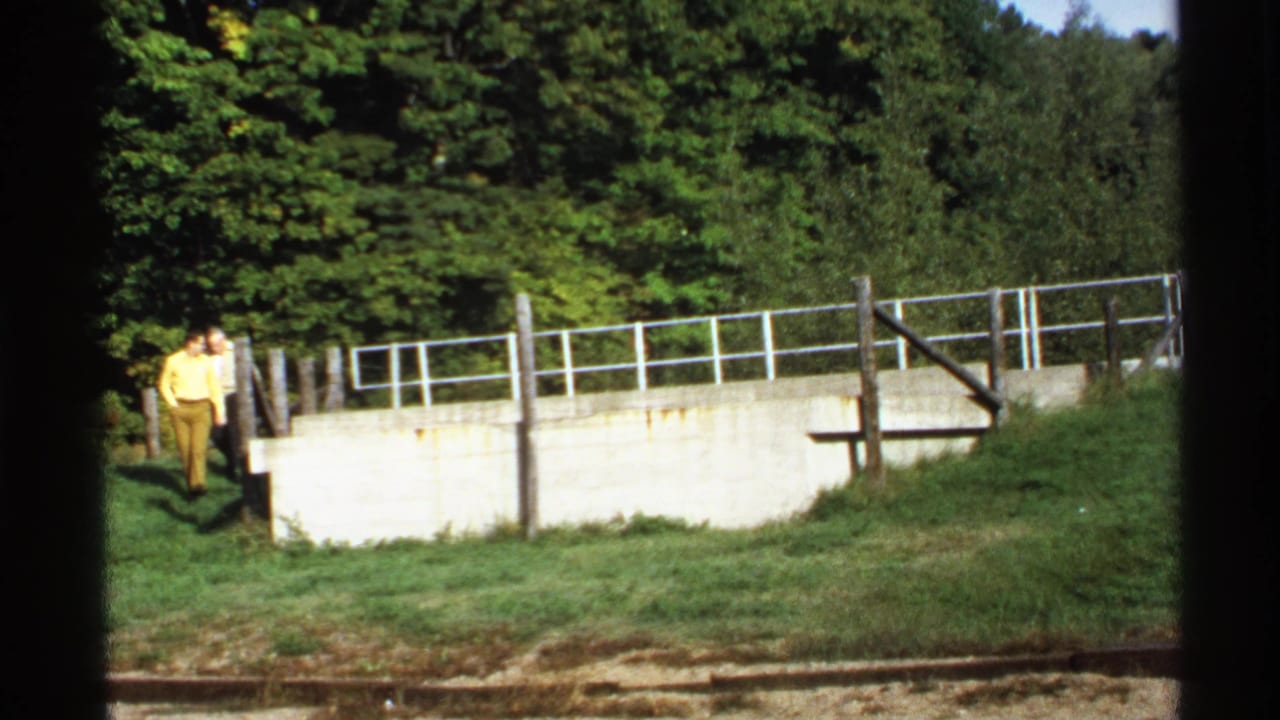 Two people walking beside a concrete wall and railing in a wooded grassy area.