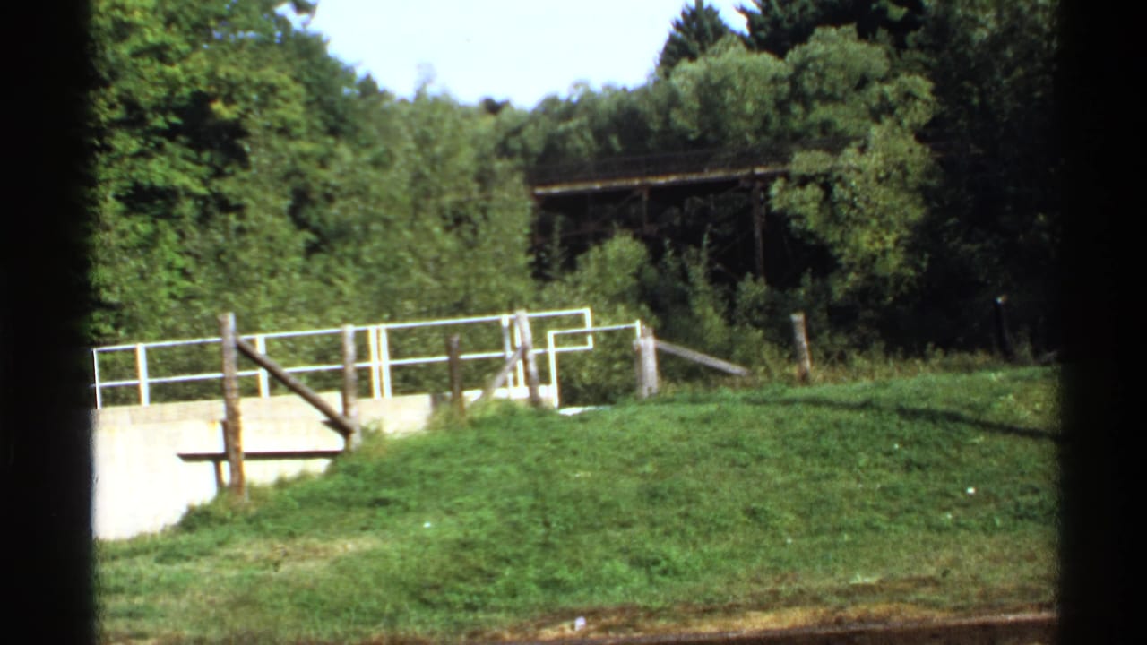 Grassy marina edge with white railing, trees, and dark film gate borders.