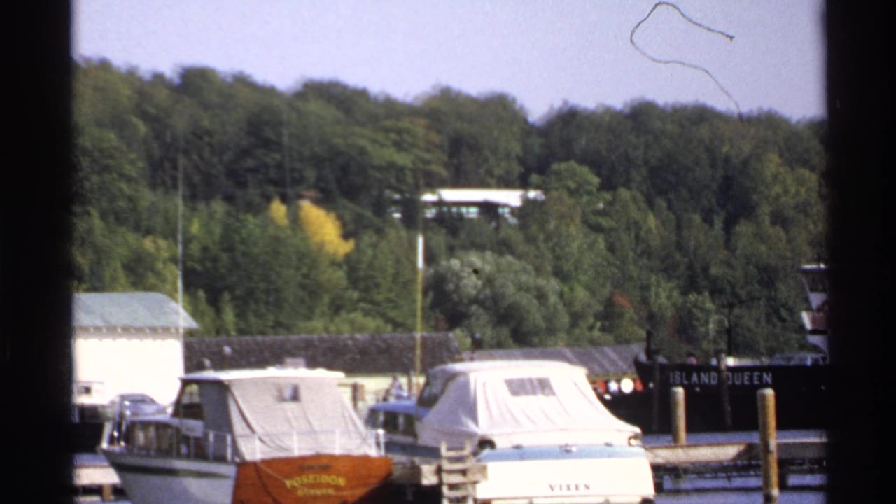 Docked covered boats beside wooden piers with trees and a white waterfront building behind them.