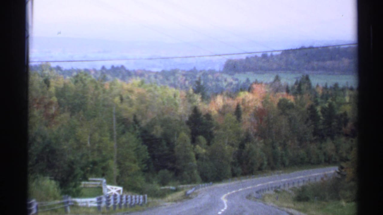 Curving rural road bordered by forest, guardrail, utility lines, and distant hills.