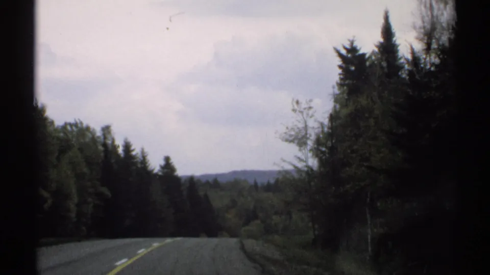 Car-window view of a Vermont road through dense woods, with the pavement leading toward distant hills.