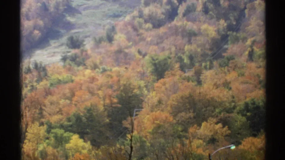 1971 Vermont 8mm frame showing mixed autumn foliage on a mountain slope, partially divided by a dark window or structural frame.