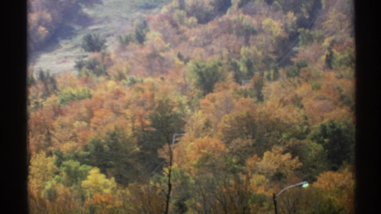 1971 Vermont 8mm frame showing a wooded hillside with orange and yellow fall foliage, dark film borders, and a partial valley view.