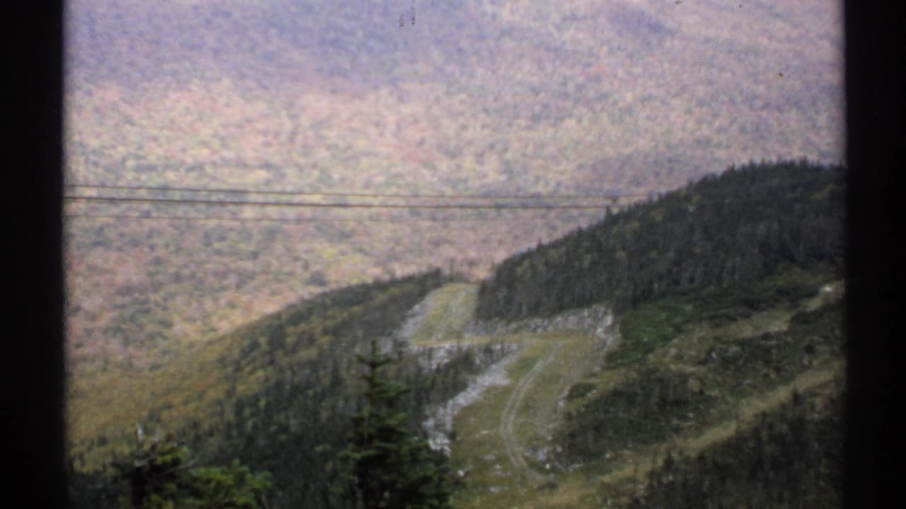 Mountain slope with a pale winding road, utility lines, dark evergreens, and wooded hills beyond.