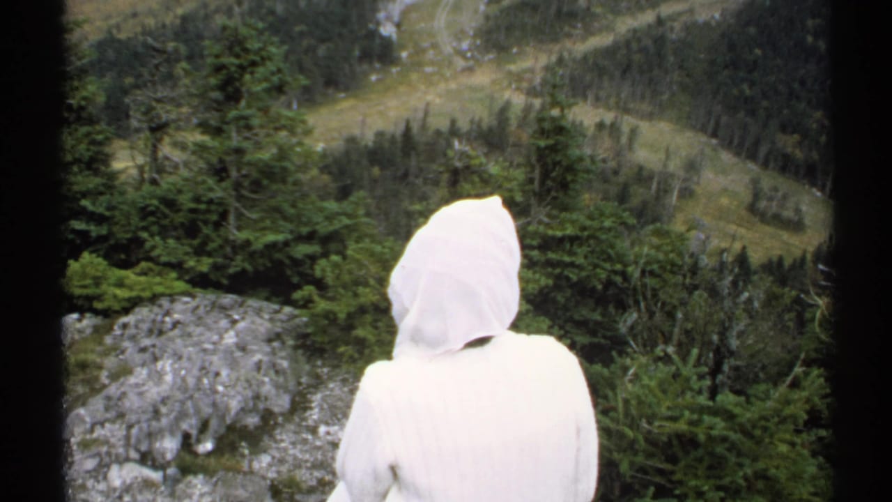 Person in a white hooded sweater stands at a rocky forest overlook.
