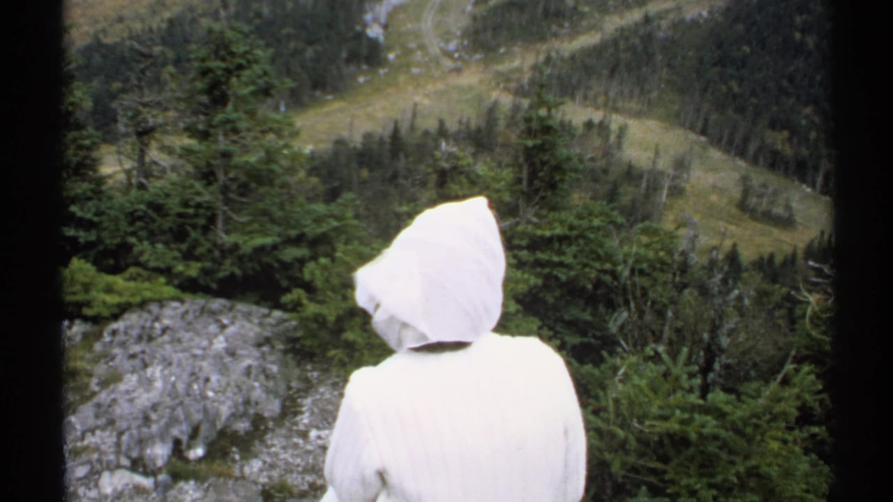 Hooded person seen from behind near trees and a rocky overlook.