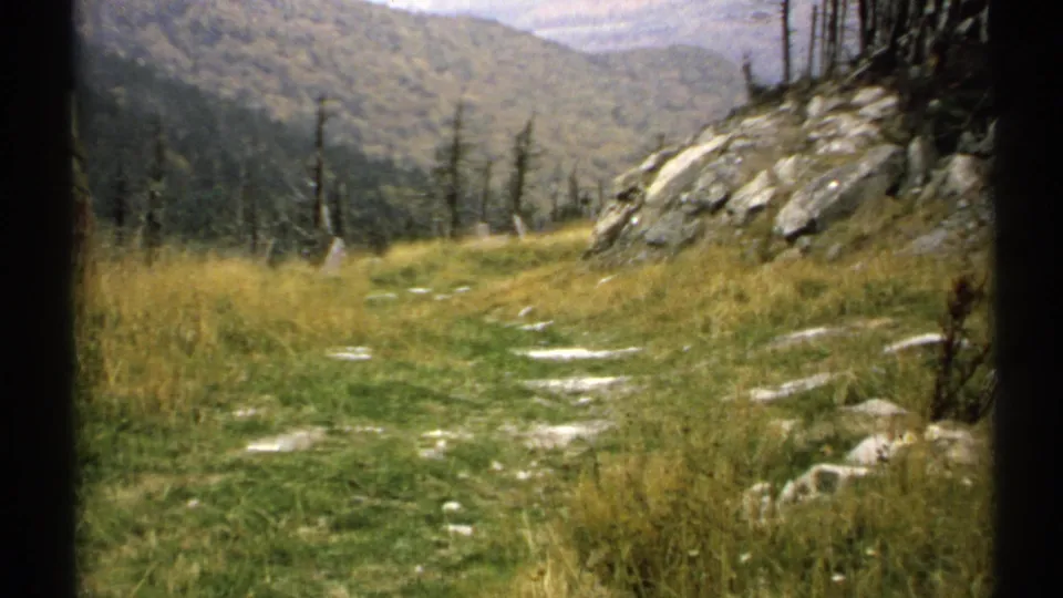 1971 Vermont 8mm frame showing a grassy, rocky trail on a mountainside with boulders, thin evergreens, and wooded hills beyond.