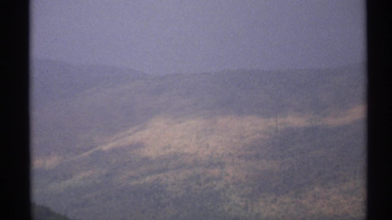 Misty wooded hills seen through dark vertical edges with a faint utility line near the lower frame.