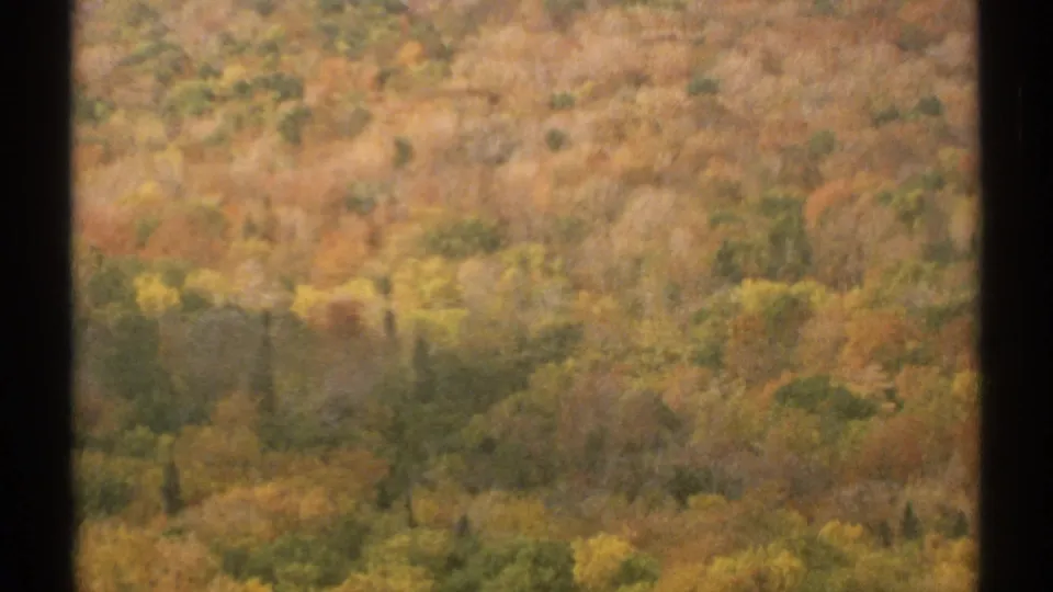 1971 Vermont view from a moving lift over a soft, grainy hillside of autumn foliage.