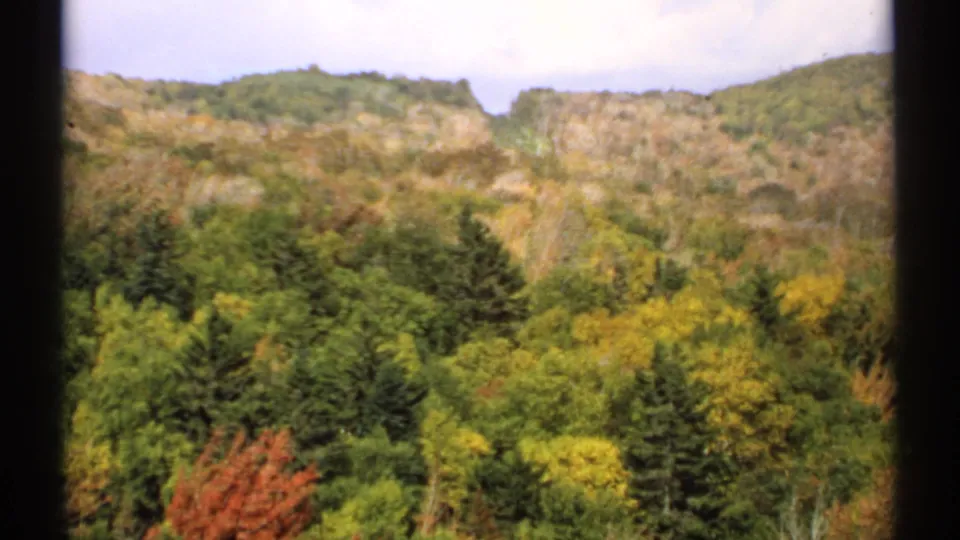 Bright 1971 Vermont landscape on 8mm film, showing mixed evergreen and autumn-colored trees beneath a rocky ridge.