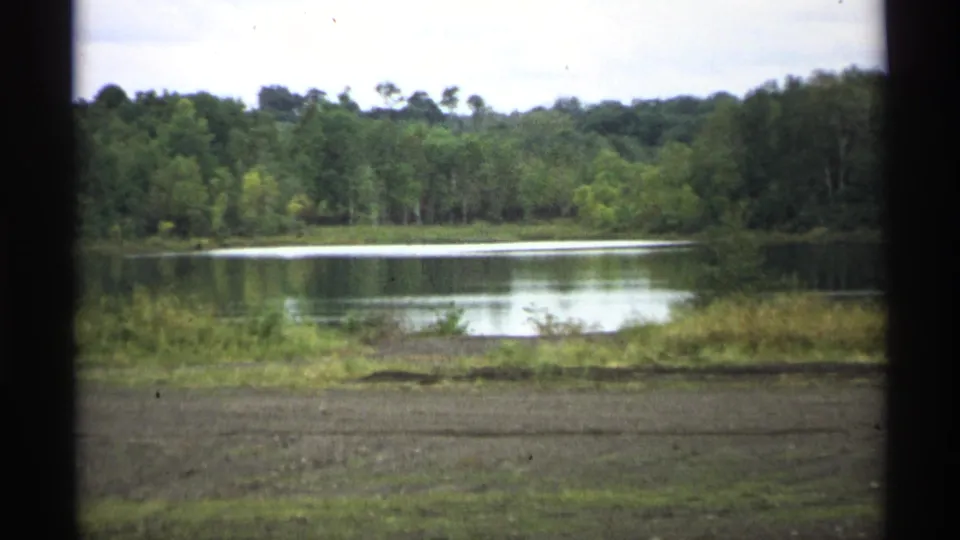 1971 Wisconsin home-movie still of a broad lake surface, green tree line, marshy grass, and pale overcast sky.