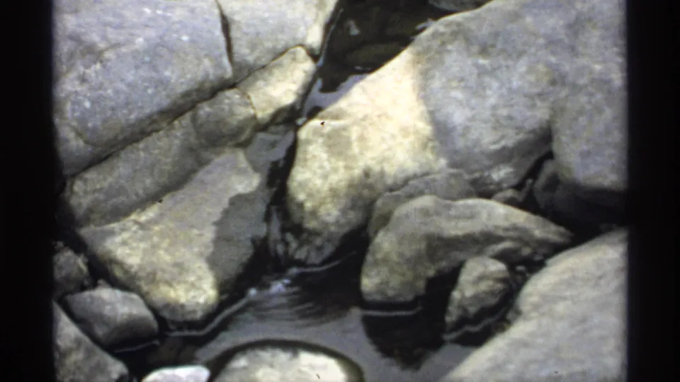 Close 8mm frame from Wisconsin showing water moving through gaps between rounded rocks and larger pale stones.