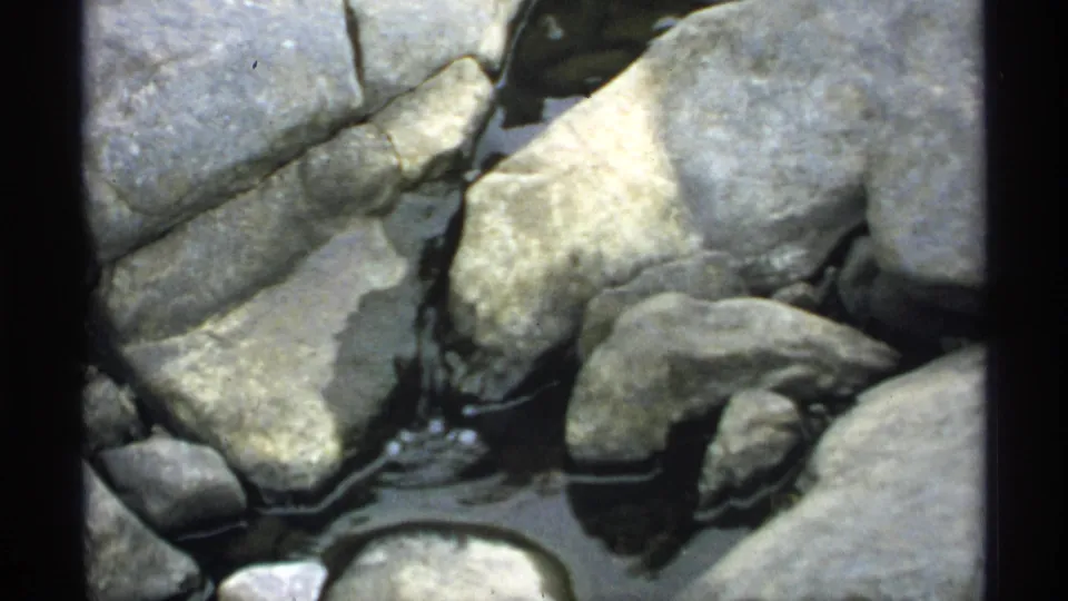 Close view of large smooth stones and narrow channels of water, consistent with the Jim Falls Dam area noted in the clip.