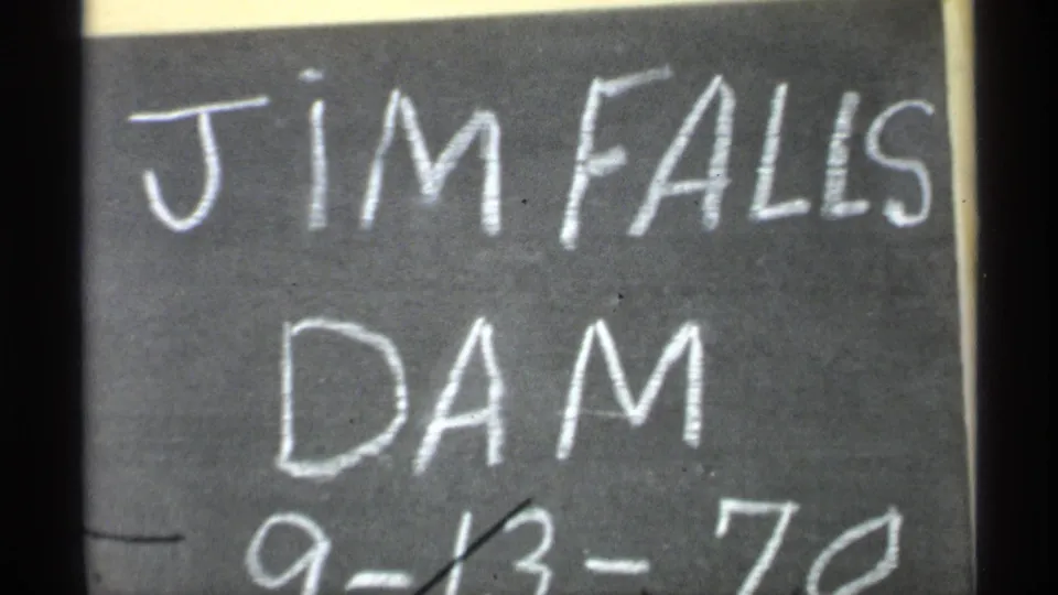 Handwritten chalkboard slate identifies the location as Jim Falls Dam and shows the date 9-13-71.