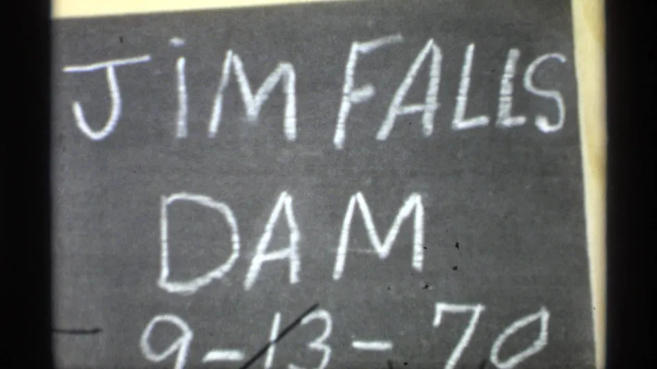 End frame shows a handwritten chalkboard label reading Jim Falls Dam with the 9-13-71 date below.