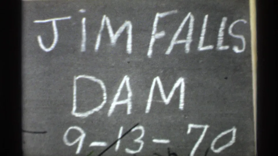 Handwritten Jim Falls Dam title card from the 1971 Wisconsin home movie, with the date visible along the lower edge.