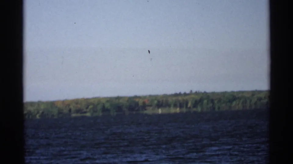 1971 Wisconsin 8mm view of lake water and a low wooded shoreline, framed by dark edges and visible film dust.