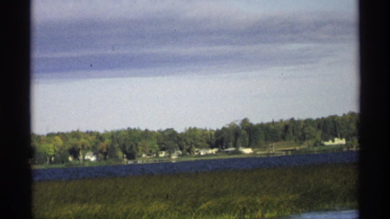 Grassy foreground, lake, trees, and distant shoreline houses.