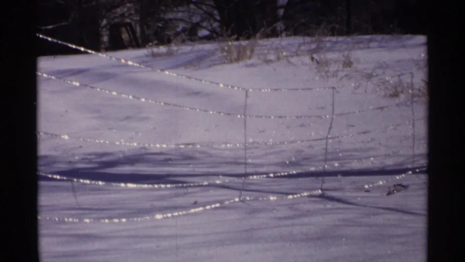 1971 Wisconsin home-movie frame of a glistening wire fence over snow, with bare trees and blue-toned shadows.