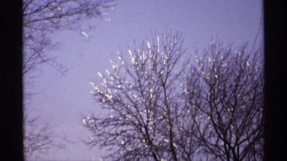1971 Wisconsin 8mm frame with distant bare trees, ice highlights, and a pale purple winter sky.