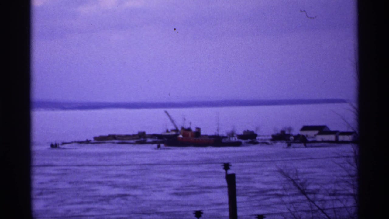 Frozen waterfront with boats, low buildings, bare branches, and an overcast sky.