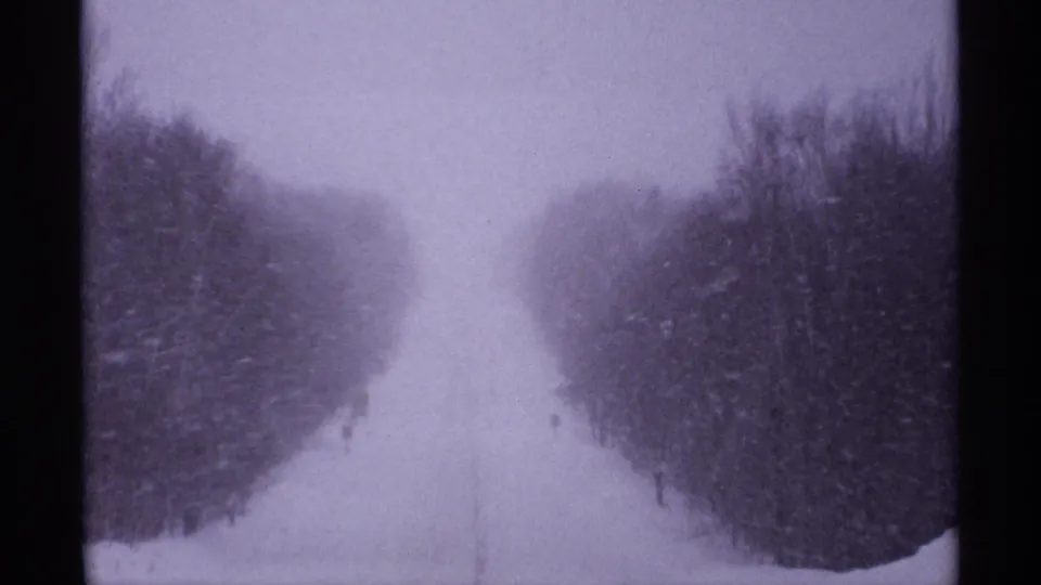 A rural Wisconsin winter road is seen through soft 8mm grain, with snowbanks and dark trees framing the route.