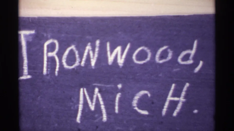 Handwritten home-movie title card identifies the sequence as Ironwood, Mich.