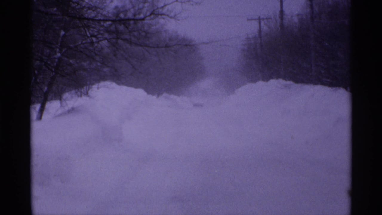 Snow-covered yard with deep drifts, bare trees, utility poles, and dark film borders.