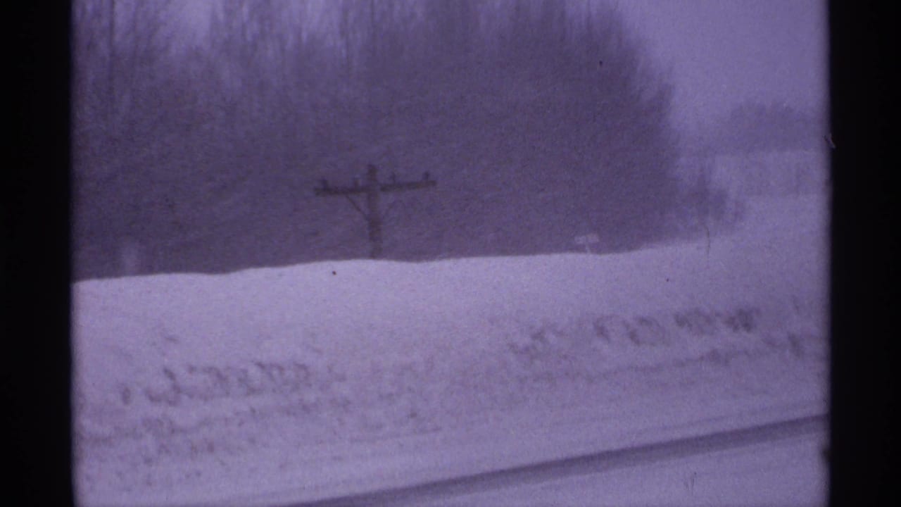 Snow-covered rural roadside with a wooden utility pole and bare trees in the distance.