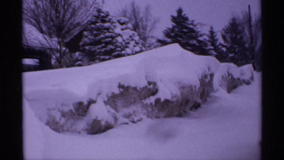 1971 Wisconsin winter frame showing a high drift over a low wall, with snow-laden evergreens, bare branches, and a muted sky.